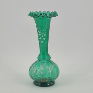 Moser Green Glass Vase Hand Painted White Flowers Gold Ruffled Edge